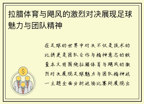 拉腊体育与飓风的激烈对决展现足球魅力与团队精神
